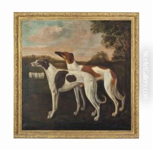 Two Greyhounds In A Wooded Landscape With Parham House And A Temple Beyond by John Wootton