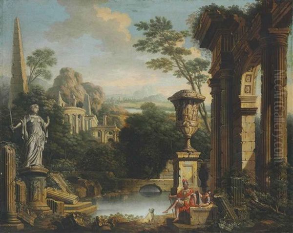 An Arcadian River Landscape With Soldiers Resting Among Classical Ruins - view 1