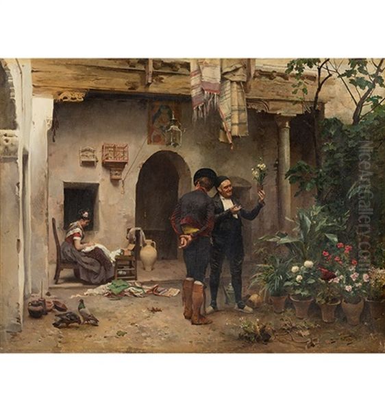 Innenhof Mit Zwei Mannern Beim Betrachten Von Blumen - Im Hintergrund Eine Junge Frau Beim Nahen - view 1