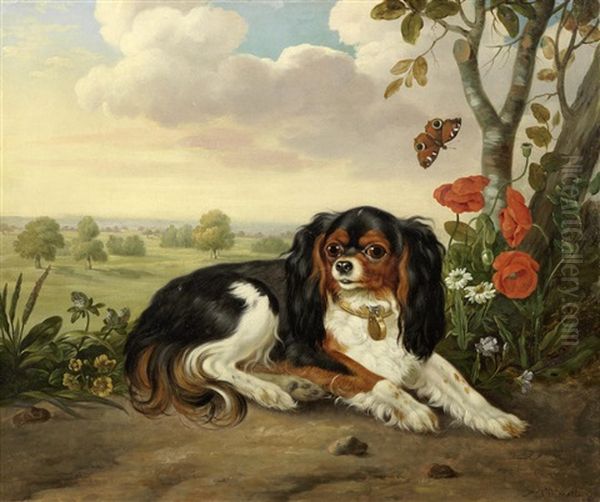 A Tricolour King Charles Spaniel In A Classical Landscape - view 1