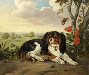 A Tricolour King Charles Spaniel In A Classical Landscape