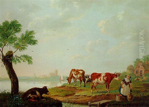 A Milkmaid And Cattle On A Riverbank, Dordrecht Beyond - view 1