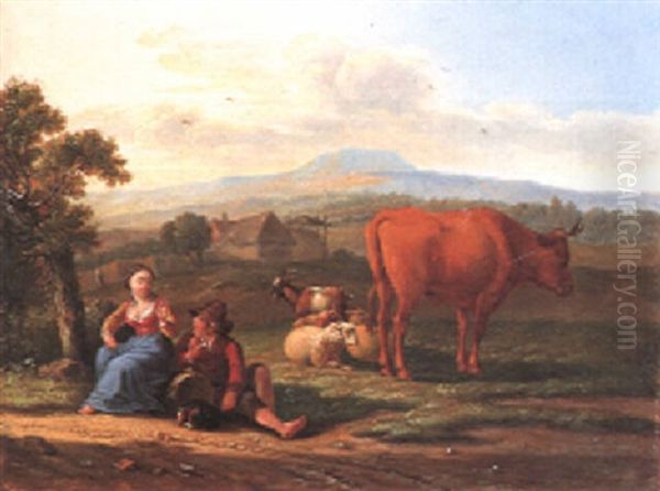 Rural Landscape With A Woman Resting By The Roadside On A Log - view 1