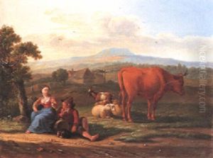 Rural Landscape With A Woman Resting By The Roadside On A Log by Abraham Bruiningh van Worrell
