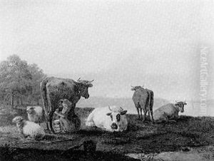 An Estuary With A Milkmaid Milking A Cow On The Flats