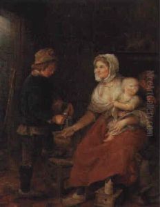 A Mother With Her Children In A Farmhouse Interior A Mother With Her Children In A Farmhouse Interior