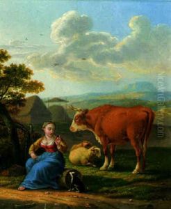 A Maid Spinning With A Dog, A Cow And Sheep In A Landscape