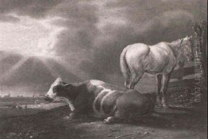 A Dutch Landscape With A Horse And Cow In The Foreground by Abraham Bruiningh van Worrell