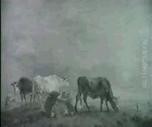 A Drover And Cattle On A Hill; A Woman Spinning Wool In A River Landscape With Cattle And Sheep (43.2x62.2cm) by Abraham Bruiningh van Worrell