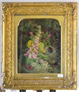 Still Life Of A Bird's Nest, Butterflies And Foxgloves by Thomas Worsey