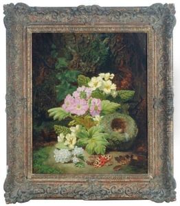 Still Life Of Spring Flowers With A Bird Nest With Eggs And A Moth In A Forest Landscape