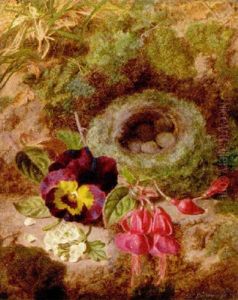 Apple Blossom, Pansies, Fuchsias And A Bird's Nest On A Mossy Bank by Thomas Worsey