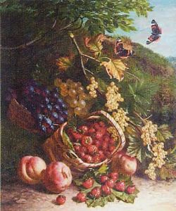 Still Life Of An Overturned Basket Of Strawberries, Other Fruits And Butterflies On A Mossy Bank by Thomas Worsey