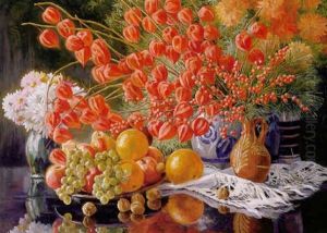 Herbstliches Stilleben Mit Fruchten Und Blumen by Robert Wosak