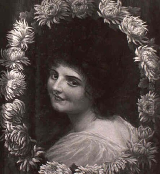 Portrait Of A Brunette Surrounded By A Halo Of Mums;        Still Life With Peonies (oil On Canvas, 18 X 12) - view 1
