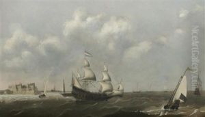 A Dutch Threemaster And Other Shipping In Choppy Waters, A View Of Fort Rammekens, Off The Coast Of Flushing, In The Background by Claes Claesz. Wou
