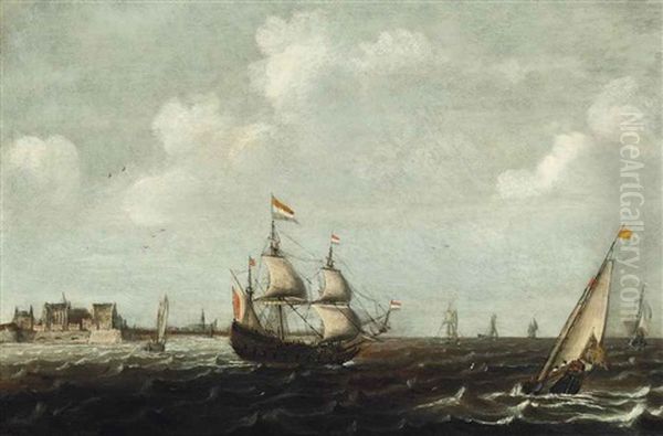 A Dutch Threemaster And Other Shipping In Choppy Waters, A View Of Fort Rammekens Off The Coast Of Vlissingen Beyond - view 1