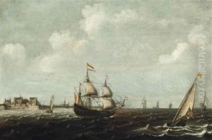 A Dutch Threemaster And Other Shipping In Choppy Waters, A View Of Fort Rammekens Off The Coast Of Vlissingen Beyond by Claes Claesz. Wou