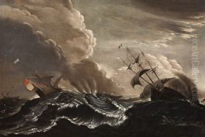 Ships In A Stormy Sea by Claes Claesz. Wou
