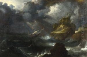 Sturmische See Mit Schiffbruch An Felsiger Kuste by Claes Claesz. Wou