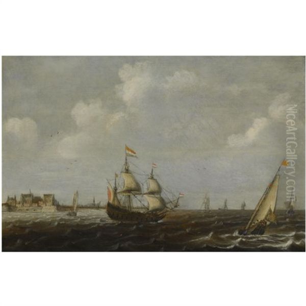 A Dutch Threemaster And Other Shipping In Choppy Waters, A View Of Fort Rammekens Off The Coast Of Vlissingen In The Background - view 1