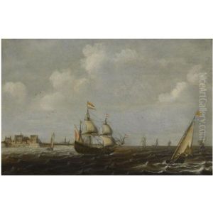 A Dutch Threemaster And Other Shipping In Choppy Waters, A View Of Fort Rammekens Off The Coast Of Vlissingen In The Background by Claes Claesz. Wou