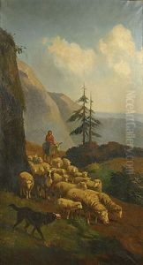 Herderin Met Schapen En Herdershond In Een Bergachtig Landschap Herderin Met Schapen En Herdershond In Een Bergachtig Landschap