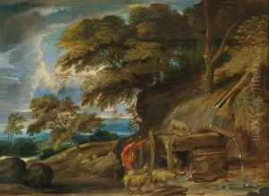 A Landscape With A Herder And His Flock At A Watering Place by Frans Wouters