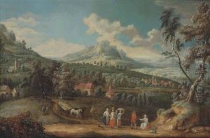 An Extensive Mountainous Landscape With Figures Conversing And Horses Pulling A Hay Wagon On A Path, A Village Beyond