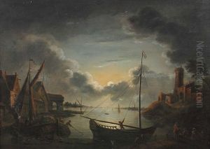 Fischerboote An Der Kuste Einer Niederlandischen Stadt Im Vollmondschein