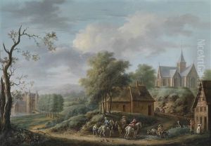 Landschaft Mit Einer Jagdgesellschaft Vor Einem Wirtshaus, Im Hintergrund Eine Kirche Und Eine Burg