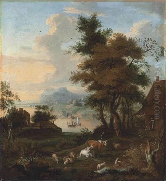 A Wooded River Landscape With Herdsmen Resting With Their Cattle And Sheep, Cottages Beyond - view 1
