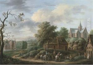 A Wooded Landscape With A Riding Party On A Track Near An Inn, A Castle And A Church Beyond