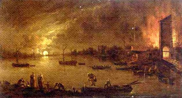 A Moonlit Riverside Town On Fire - view 1