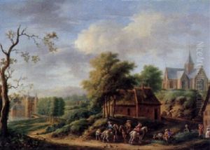 Sportsmen On A Track Near An Inn, A Castle And Church Beyond In A Mountainous Landscape