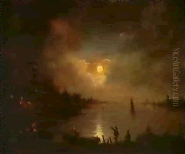 A Moonlit Dutch River Landscape With Anglers And Boats In The Foreground - view 1