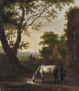 A Wooded Landscape With A Horse And A Man In The Foreground, With Shepherds And Their Flock On A Path Near A Farmhouse Beyond A Wooded Landscape With A Horse And A Man In The Foreground, With Shepherds And Their Flock On A Path Near A Farmhouse Beyond