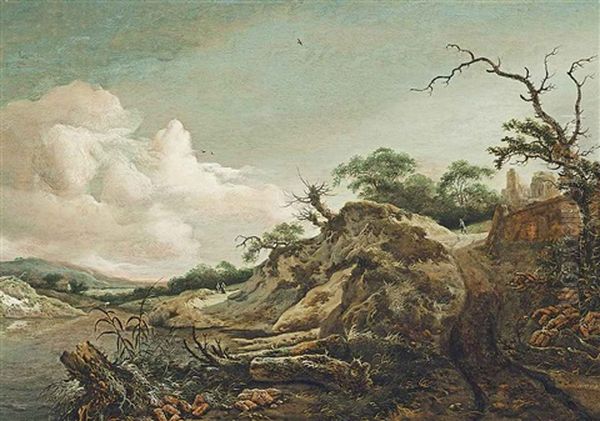 A Wooded River Landscape With Figures On A Path, A Ruined Castle Beyond - view 1