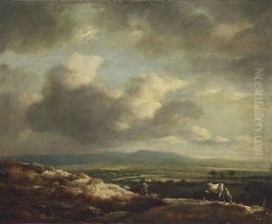A Panoramic View Over A Hilly Landscape, With A Piebald Horse In The Foreground A Panoramic View Over A Hilly Landscape, With A Piebald Horse In The Foreground