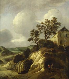 Hugelige Landschaft Mit Wanderern Unterhalb Eines Gehofts Hugelige Landschaft Mit Wanderern Unterhalb Eines Gehofts