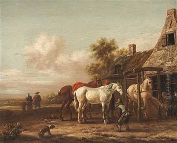 Heste Og Bonder Ved Et Hus - view 1