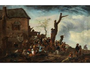 Landliches Fest Vor Einem Gebaude Mit Strohdach by Philips Wouwerman