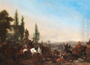 A Hawking Party With Figures Resting By A Fountain, An Extensive Landscape Beyond by Philips Wouwerman