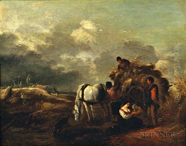 Hay Cart, Harvesters, And Family Under A Cloudy Sky - view 1