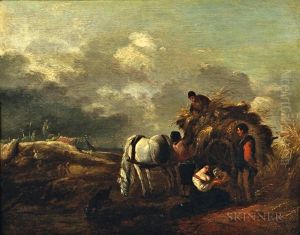 Hay Cart, Harvesters, And Family Under A Cloudy Sky by Philips Wouwerman