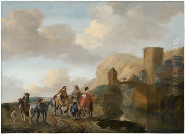 Flusslandschaft Mit Reisenden Bei Einer Brucke - view 1