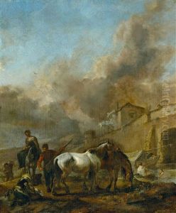 People And Horses By A River With A Village In The Background by Philips Wouwerman