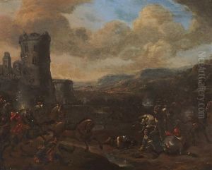 A Battle Scene With A Castellated Tower Beyond by Pieter Wouwerman