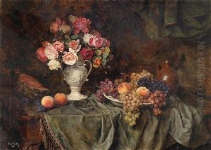 Groses Stillleben Mit Blumen Und Obst by Anton Wrabetz