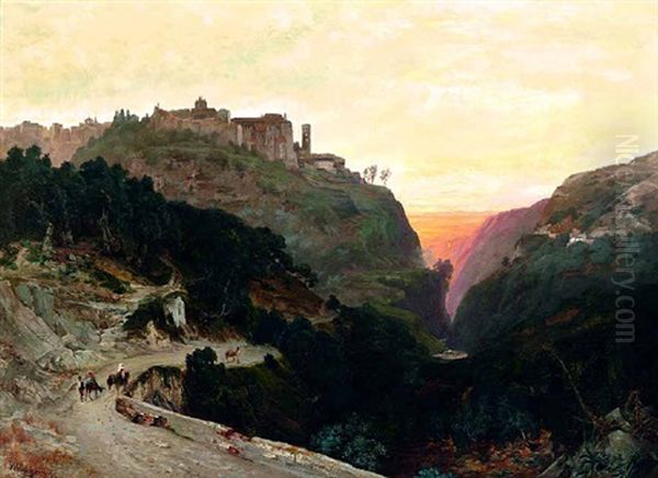 Suditalienische Landschaft Bei Sonnenuntergang Mit Esel, Personen Und Einem Bergdorf Auf Einer Anhohe - view 1